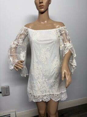 Jen's Pirate Booty Off-Shoulder Cream Lace Mini Dress with Bell Sleeves